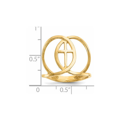 14K Gelbgold Ring mit Kreuz und Fisch-Symbol, poliert