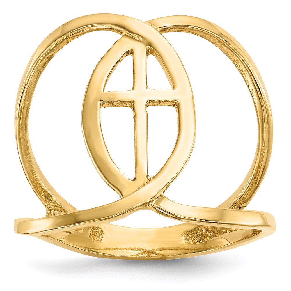 14K Gelbgold Ring mit Kreuz und Fisch-Symbol, poliert