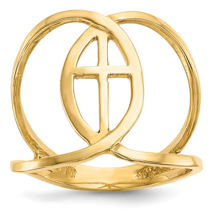 14K Gelbgold Ring mit Kreuz und Fisch-Symbol, poliert