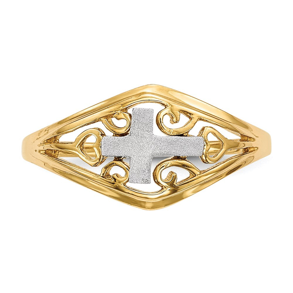 14K Bicolor Gold Poliert und Satiniert Kreuz und Herzen Ring