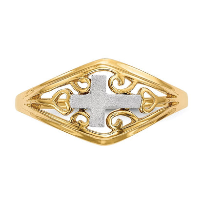 14K Bicolor Gold Poliert und Satiniert Kreuz und Herzen Ring