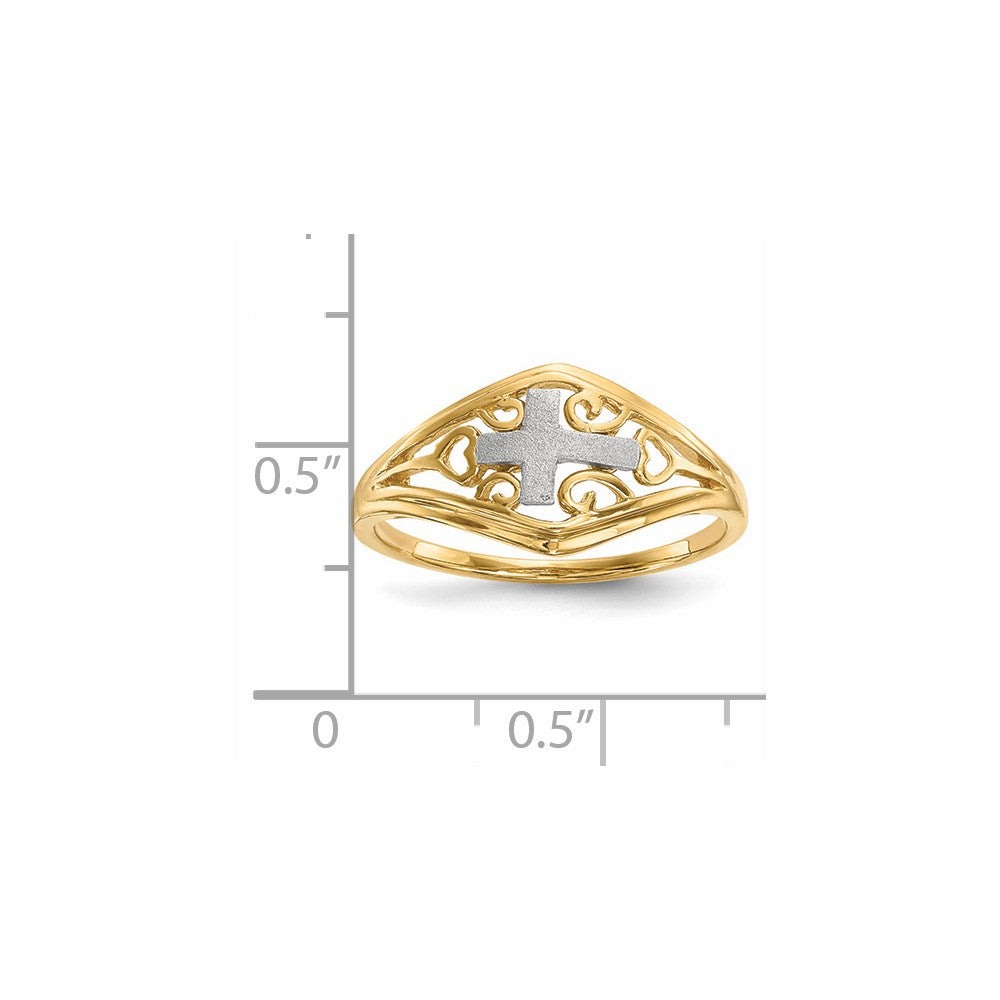 14K Bicolor Gold Poliert und Satiniert Kreuz und Herzen Ring