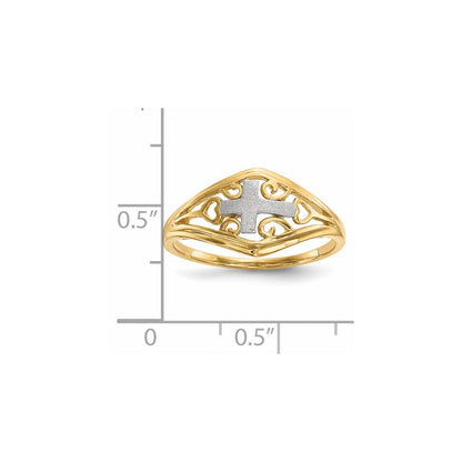14K Bicolor Gold Poliert und Satiniert Kreuz und Herzen Ring
