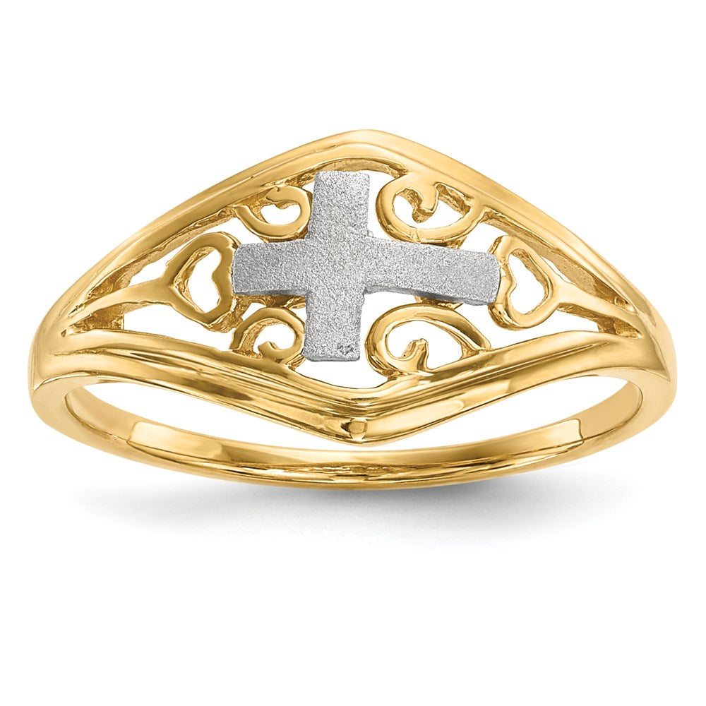 14K Bicolor Gold Poliert und Satiniert Kreuz und Herzen Ring