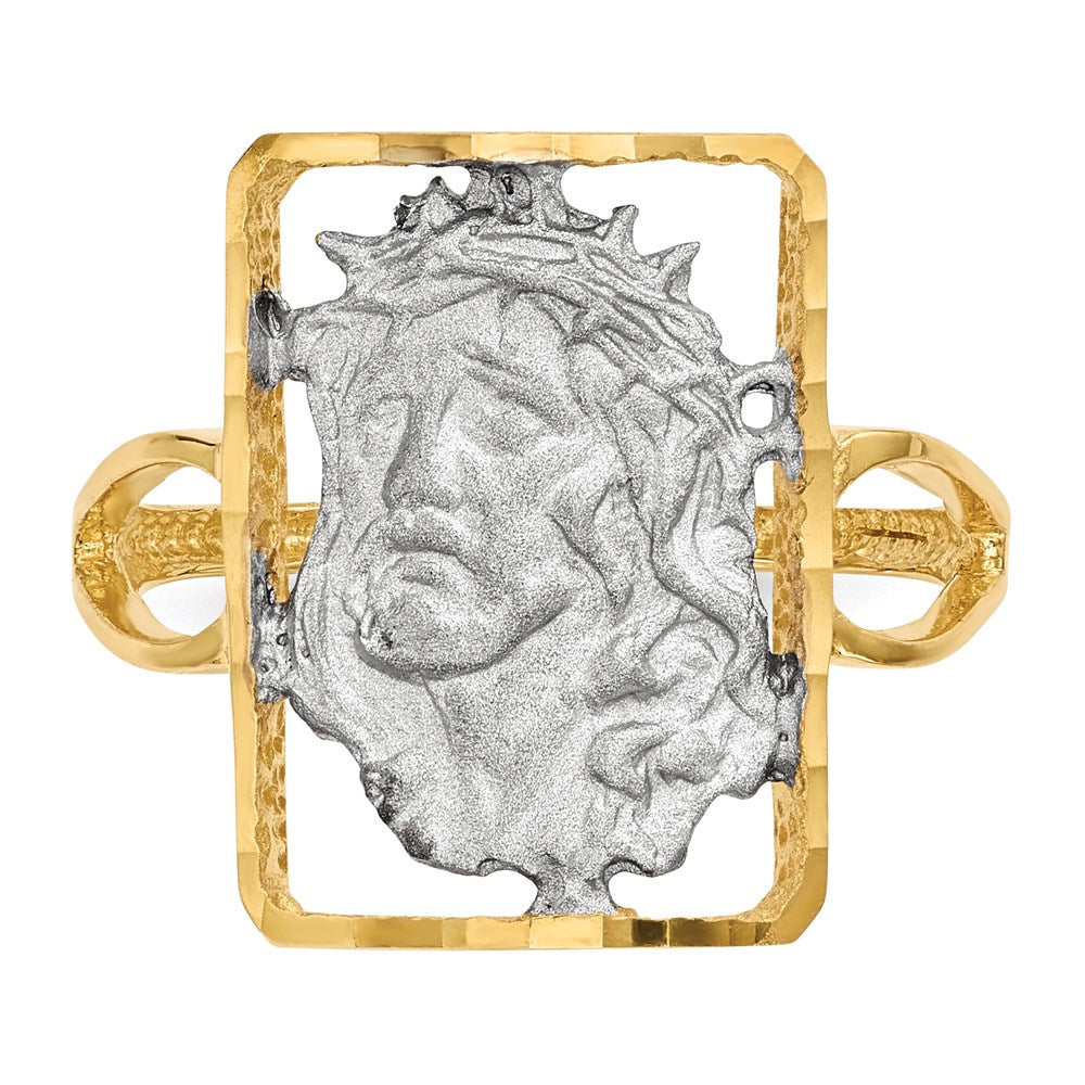 14K Gelbgold Jesus-Ring mit Weißrhodium-Beschichtung, poliert und satiniert