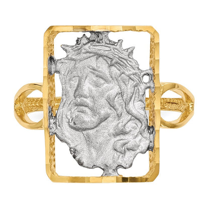 14K Gelbgold Jesus-Ring mit Weißrhodium-Beschichtung, poliert und satiniert