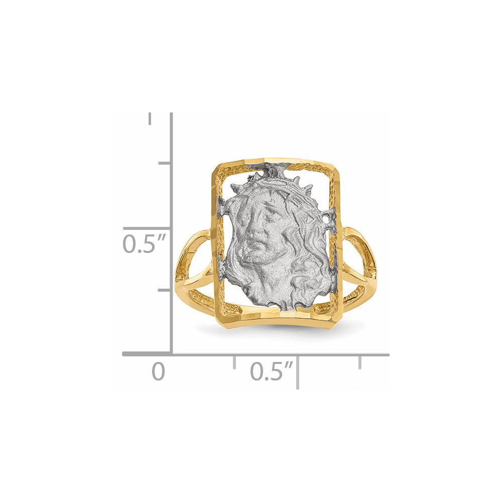 14K Gelbgold Jesus-Ring mit Weißrhodium-Beschichtung, poliert und satiniert