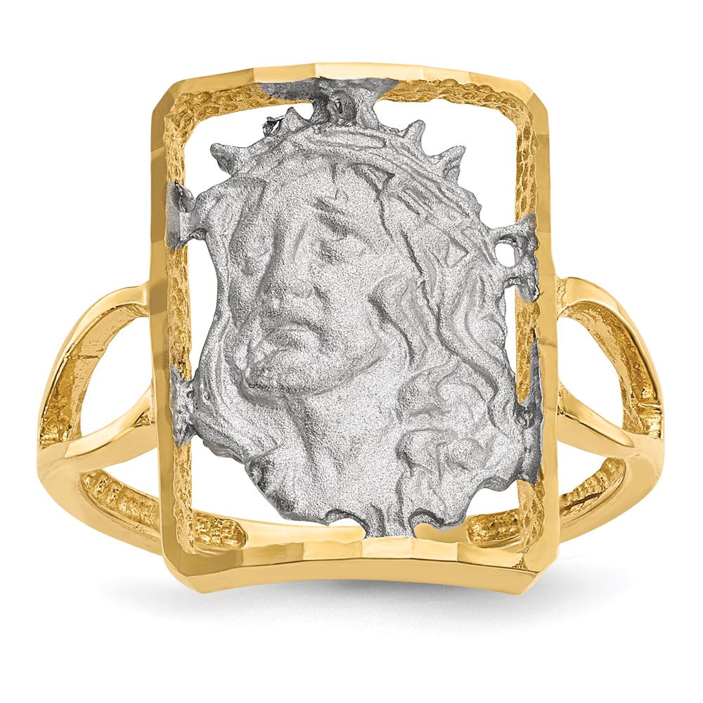 14K Gelbgold Jesus-Ring mit Weißrhodium-Beschichtung, poliert und satiniert