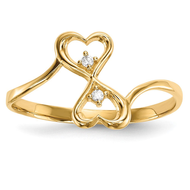 14K Gelbgold Zirkonia Doppelt Herz Ring