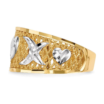 14K Gelbgold Ring mit Weißrhodium-Beschichtung und diamantierten Herzen