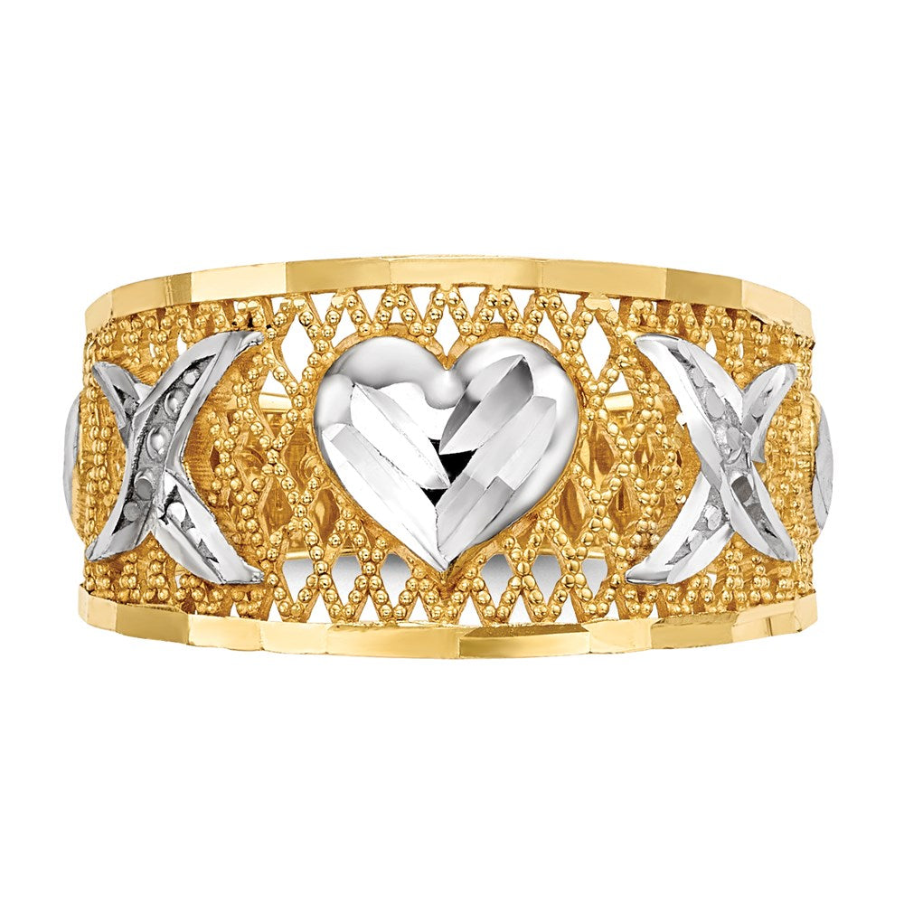 14K Gelbgold Ring mit Weißrhodium-Beschichtung und diamantierten Herzen