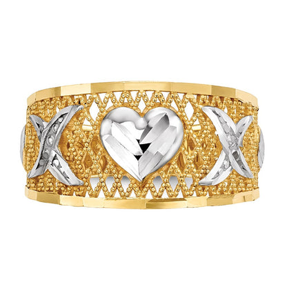 14K Gelbgold Ring mit Weißrhodium-Beschichtung und diamantierten Herzen