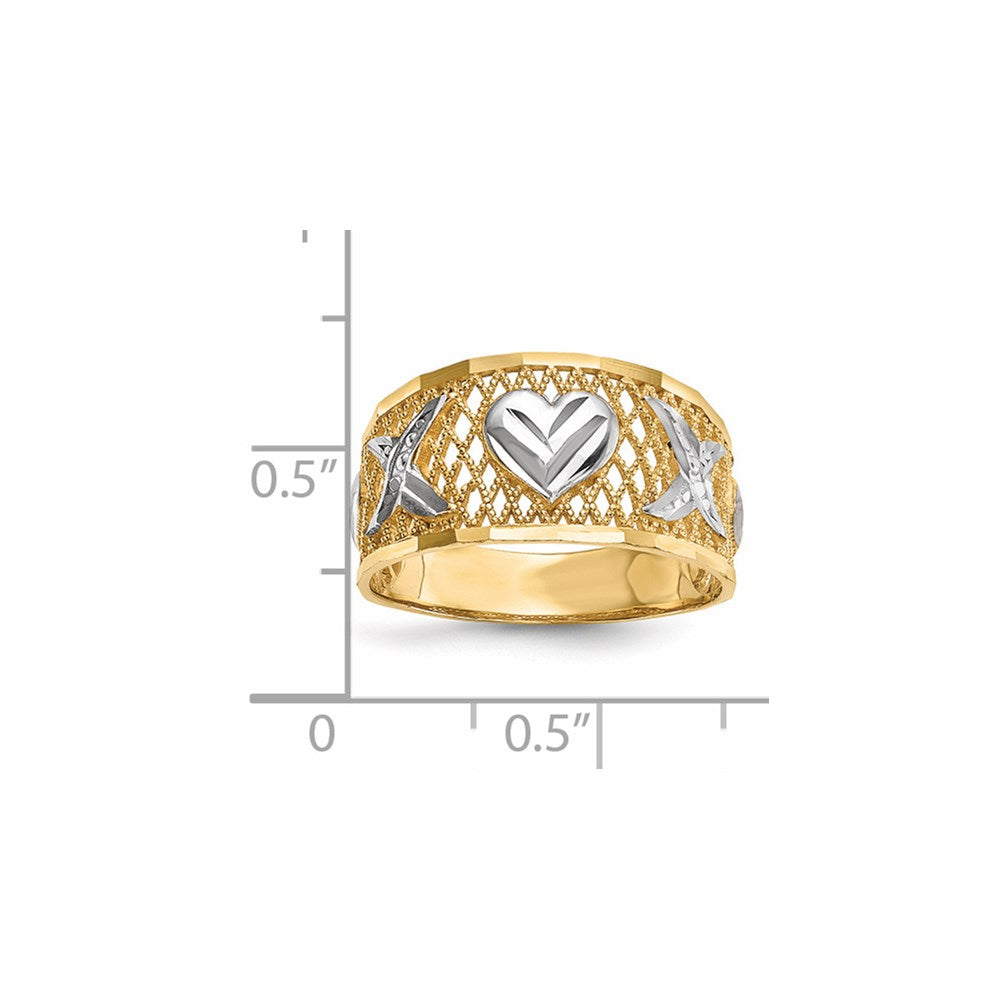 14K Gelbgold Ring mit Weißrhodium-Beschichtung und diamantierten Herzen