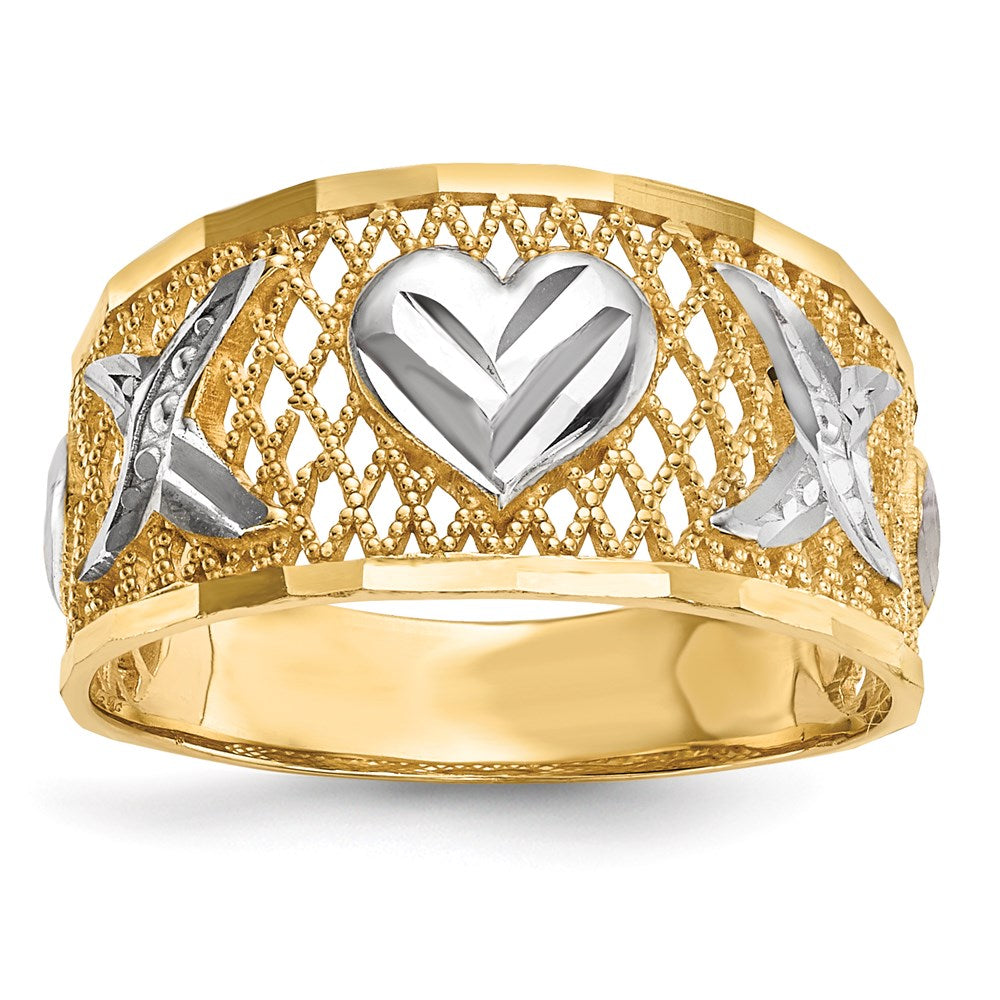 14K Gelbgold Ring mit Weißrhodium-Beschichtung und diamantierten Herzen