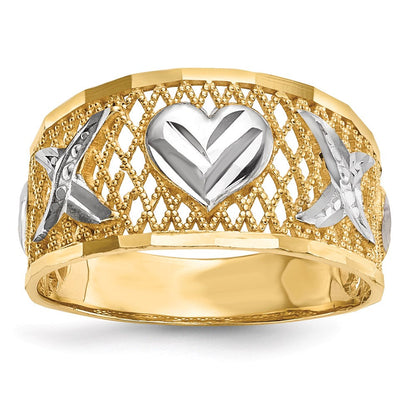 14K Gelbgold Ring mit Weißrhodium-Beschichtung und diamantierten Herzen