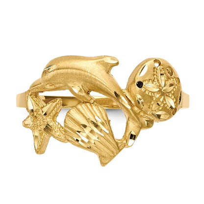 Ring in 14K Gelbgold, poliert und satiniert, diamantgeschliffen, mit Delfin-, Seestern-, Muschel- und Sanddollar-Motiven