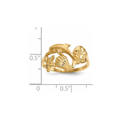Ring in 14K Gelbgold, poliert und satiniert, diamantgeschliffen, mit Delfin-, Seestern-, Muschel- und Sanddollar-Motiven
