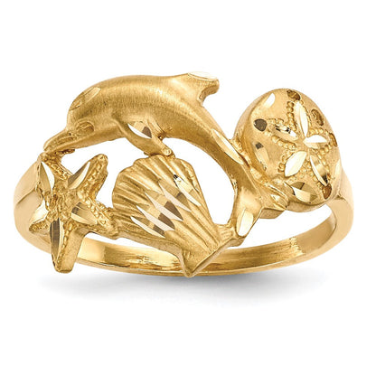 Ring in 14K Gelbgold, poliert und satiniert, diamantgeschliffen, mit Delfin-, Seestern-, Muschel- und Sanddollar-Motiven