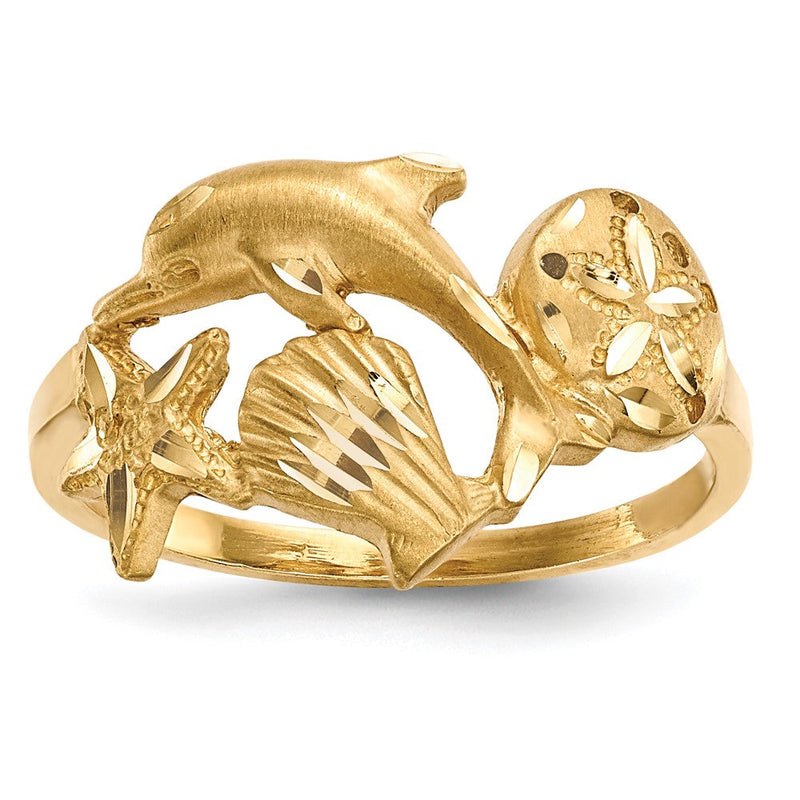 Ring in 14K Gelbgold, poliert und satiniert, diamantgeschliffen, mit Delfin-, Seestern-, Muschel- und Sanddollar-Motiven
