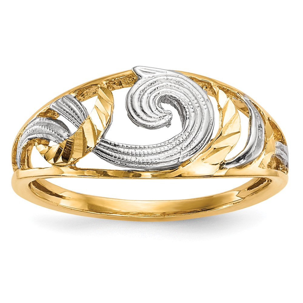 14K Gelbgold mit weißem Rhodium, poliert & diamantiert, Ringe mit Wirbel-Muster