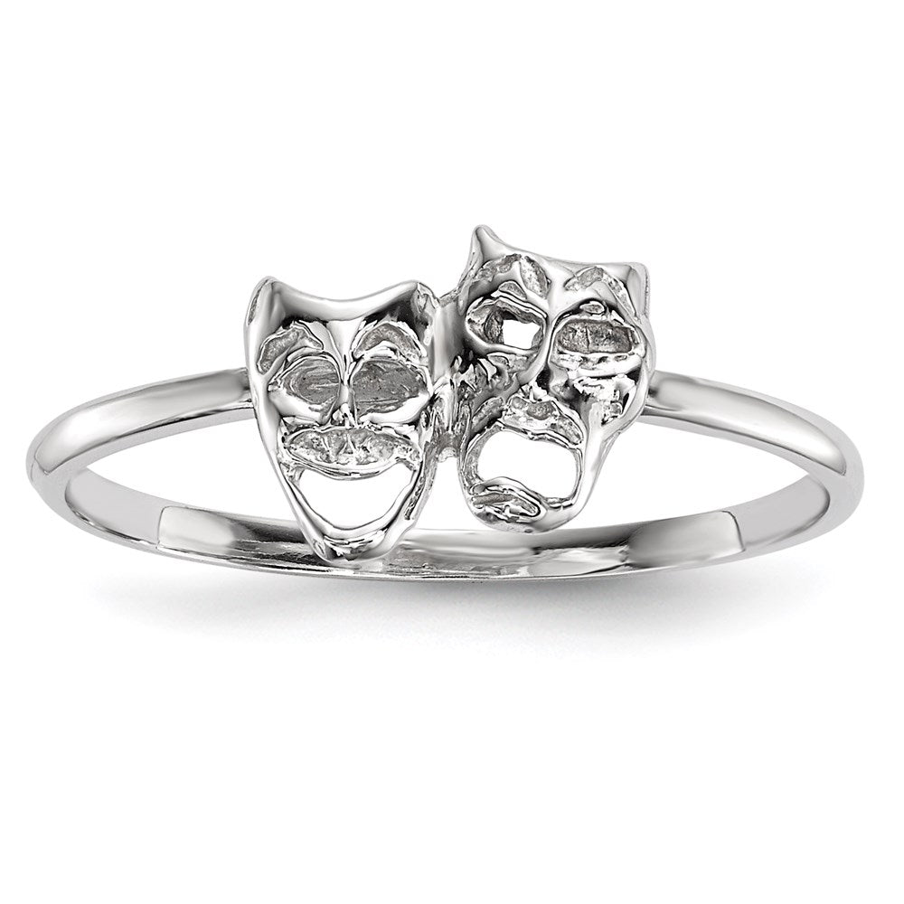 14K Weißgold Ring mit polierten Tragödie- und Komödienmasken