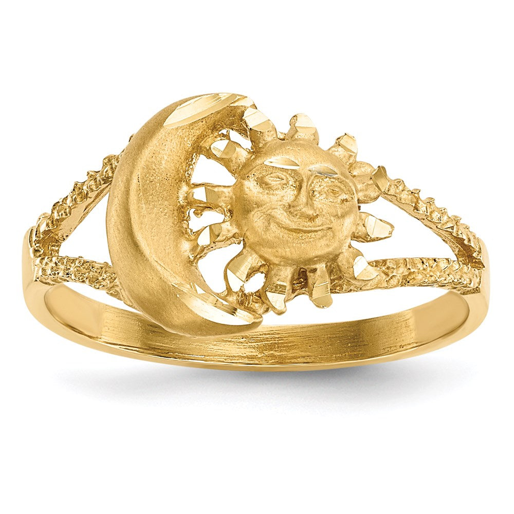 14K Gelbgold Poliert- und Mattierter Diamant-geschliffener Sonne-und-Mond-Ring