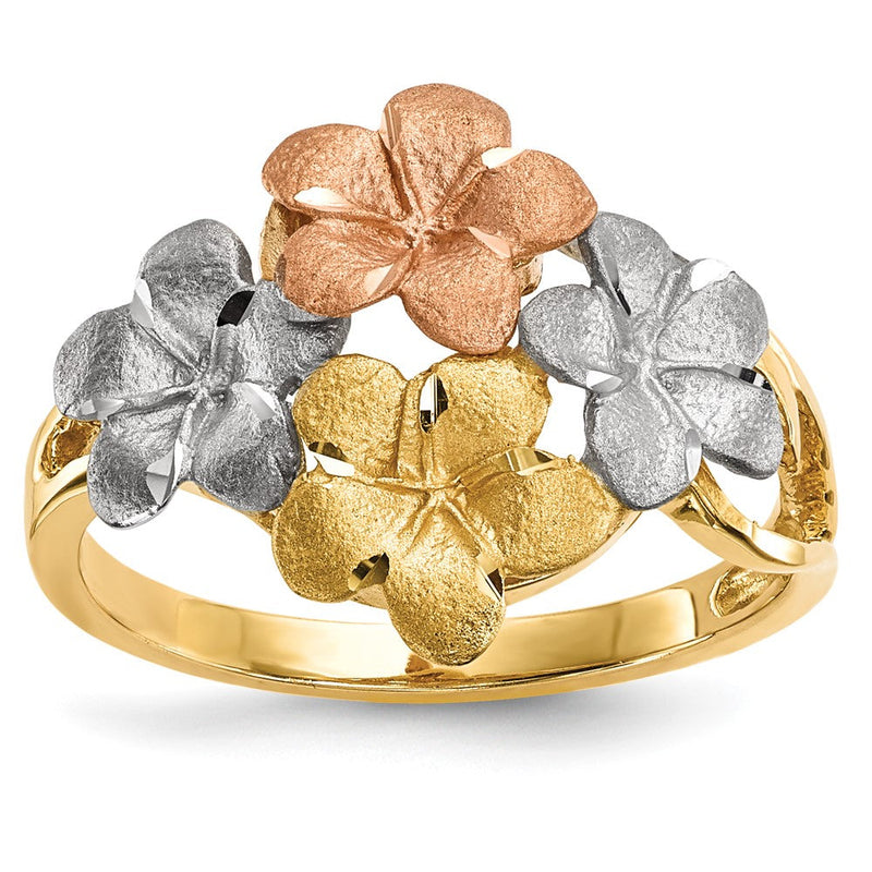 14K Bicolor-Gold mit weißem Rhodium, poliert und satiniert, diamantierter Ring mit 4 Plumeria-Blüten