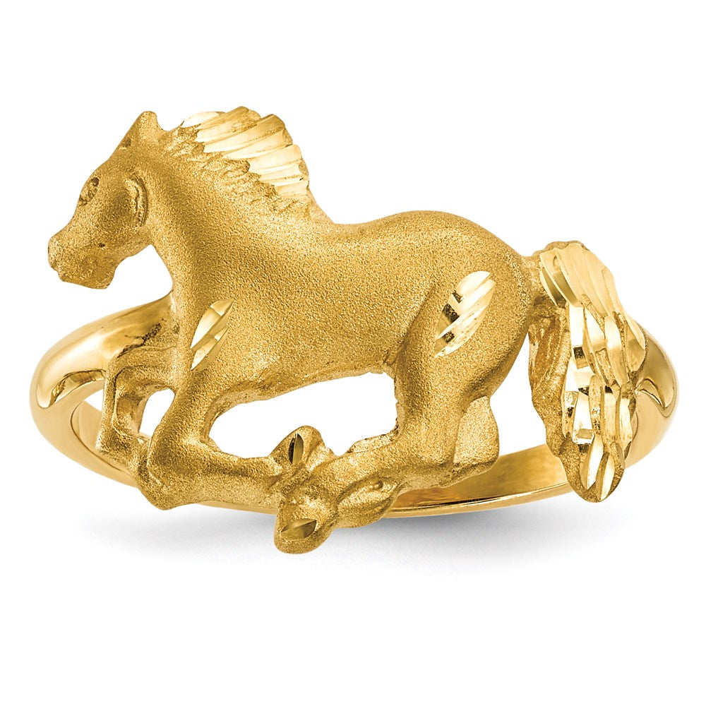 14K Gelbgold Diamant-Ring mit Horsemotiv, poliert und satiniert