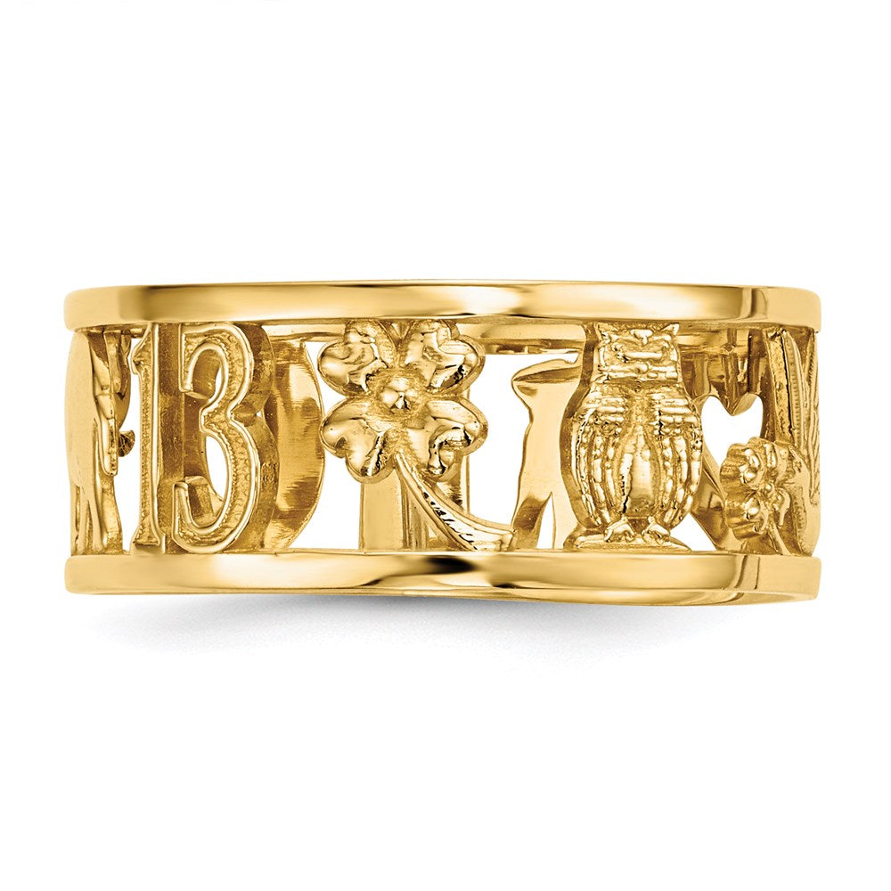 14K Gelbgold Ring mit ausgeschnittenen Glückssymbolen, 7 mm