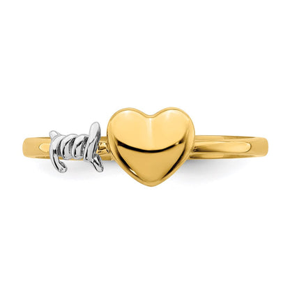 14K Gelbgold mit Weißrhodinium-Stacheldraht- und Herz-Ring