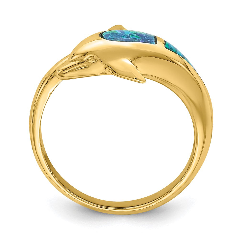 14K Gelbgold Ring mit synthetischem Opal-Delfin