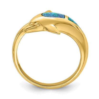 14K Gelbgold Ring mit synthetischem Opal-Delfin