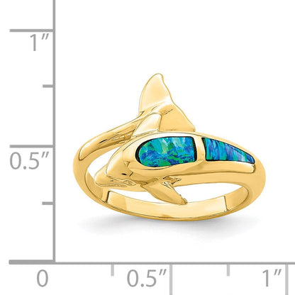 14K Gelbgold Ring mit synthetischem Opal-Delfin