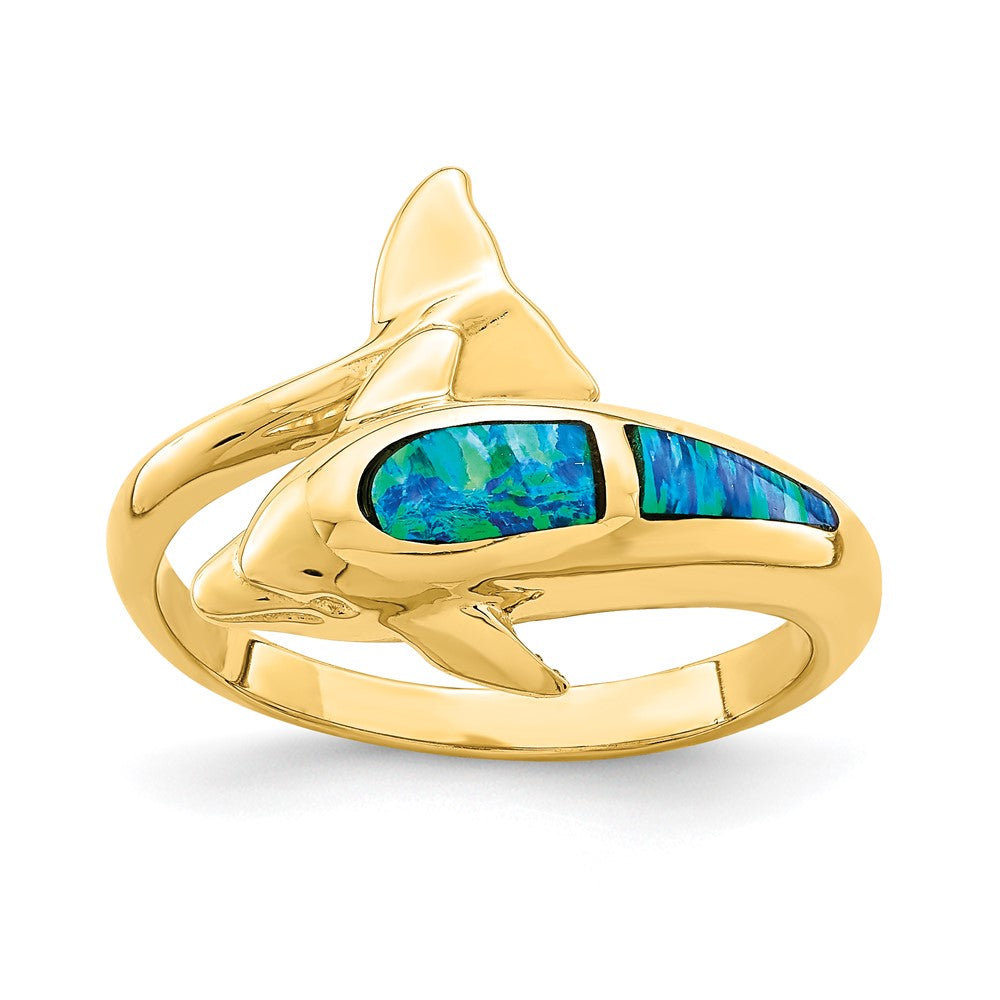 14K Gelbgold Ring mit synthetischem Opal-Delfin
