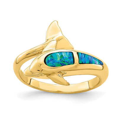 14K Gelbgold Ring mit synthetischem Opal-Delfin