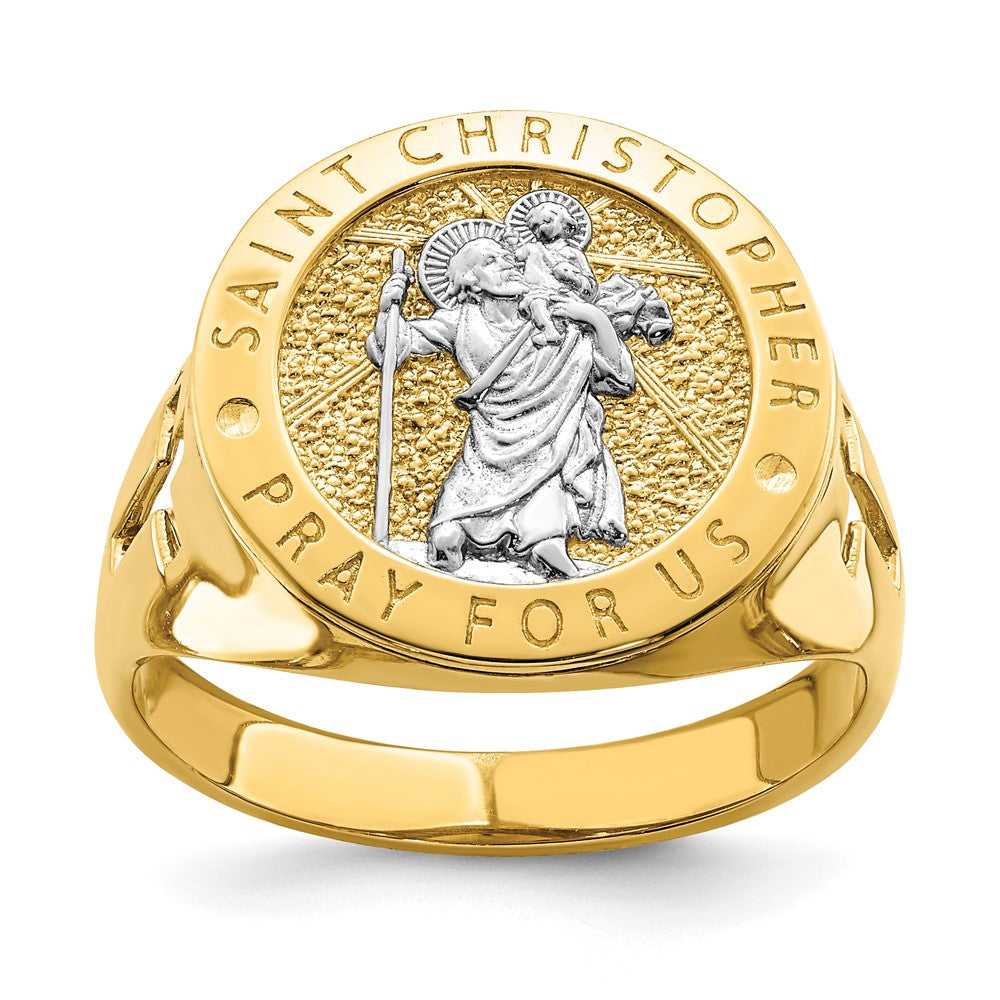 14K Gelbgold Ring mit Rhodium-Beschichtung, Heiliger Christophorus