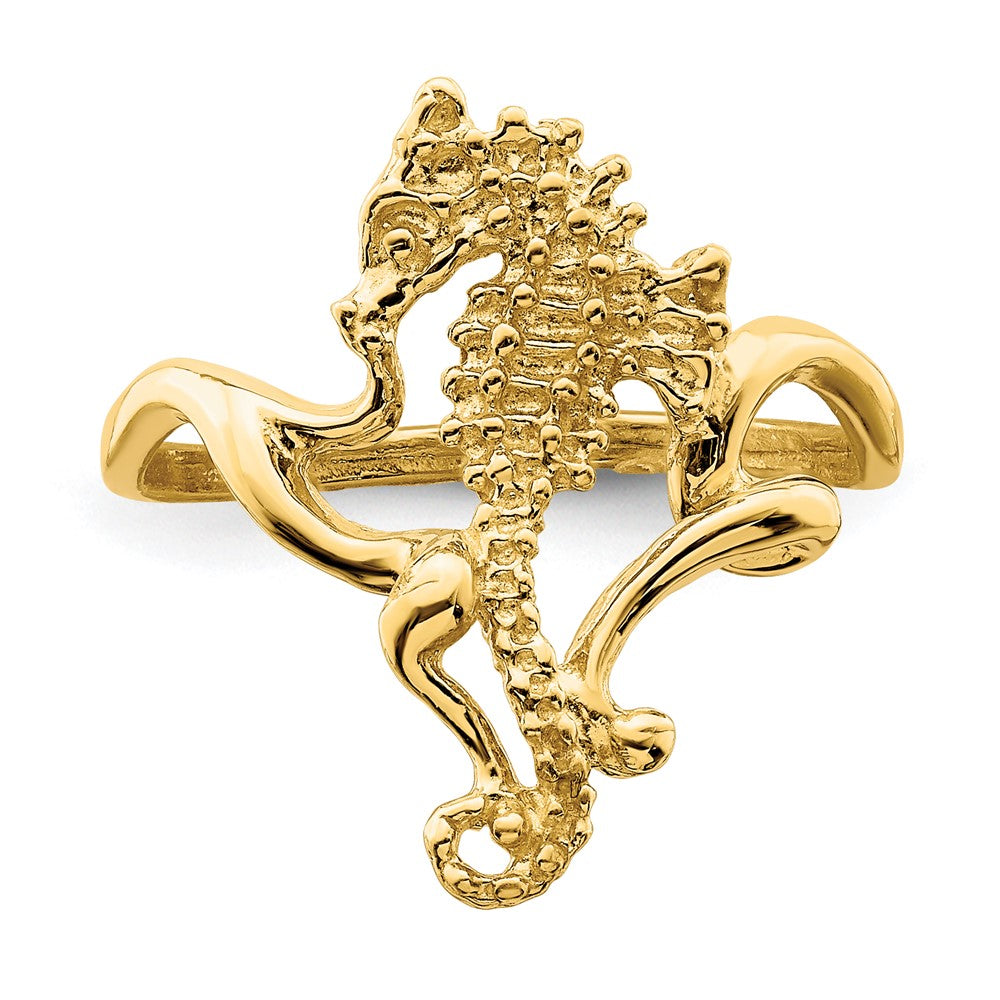 14K Gelbgold Poliert / Strukturiert 2-d Seepferdchen Ring (size 7)