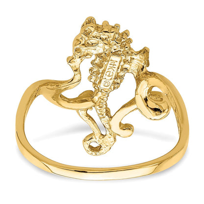 14K Gelbgold Poliert / Strukturiert 2-d Seepferdchen Ring (size 7)
