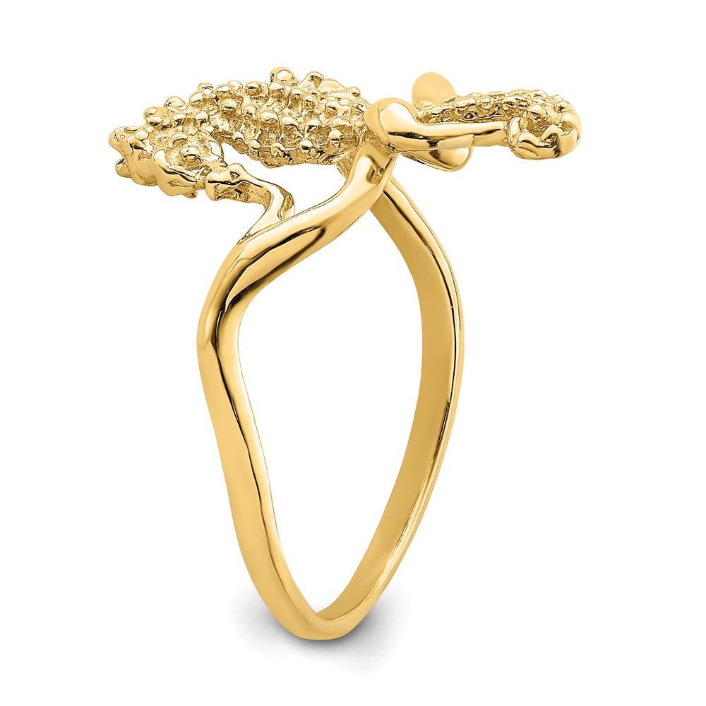 14K Gelbgold Poliert / Strukturiert 2-d Seepferdchen Ring (size 7)
