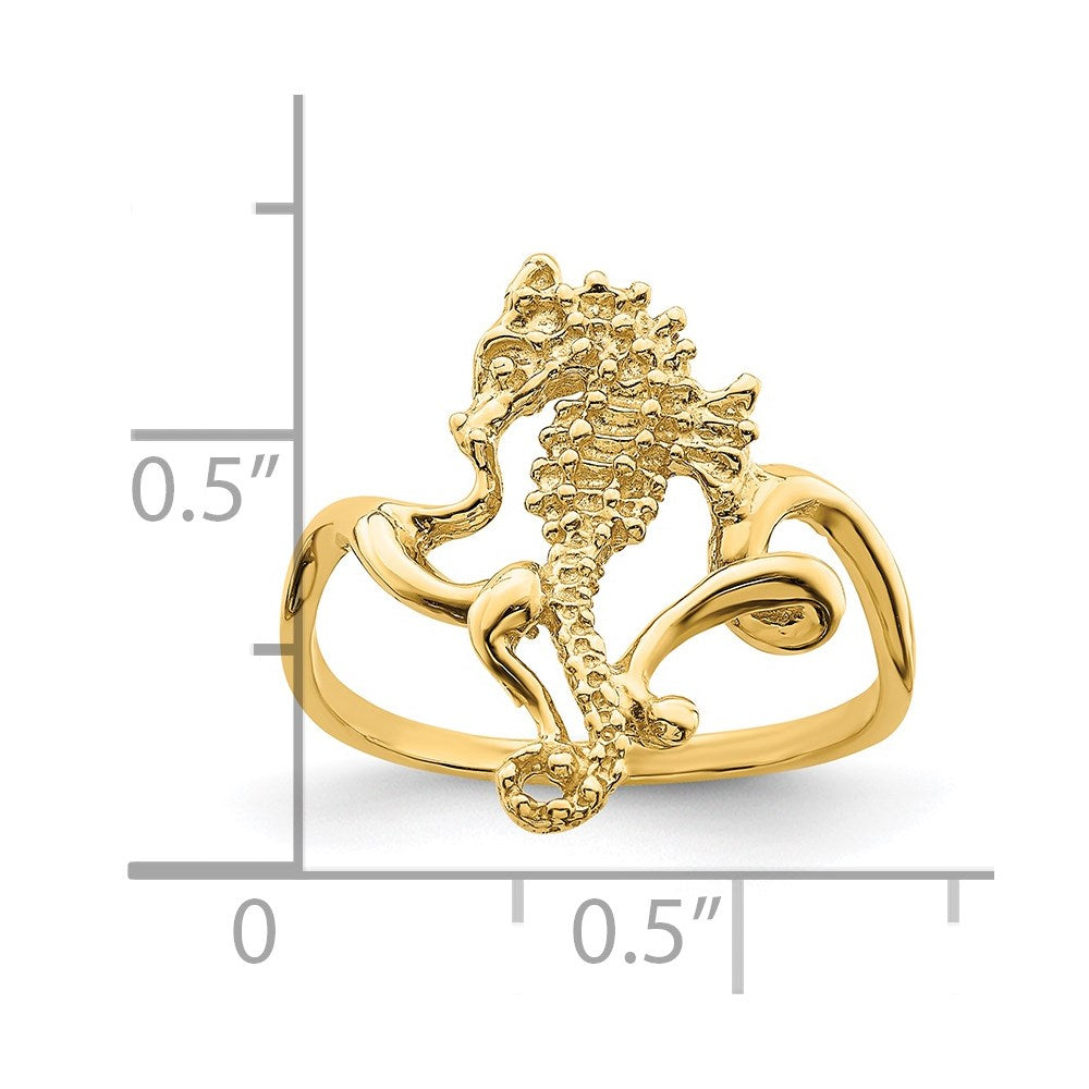 14K Gelbgold Poliert / Strukturiert 2-d Seepferdchen Ring (size 7)