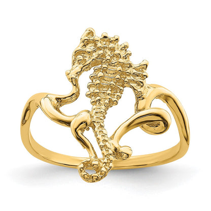 14K Gelbgold Poliert / Strukturiert 2-d Seepferdchen Ring (size 7)