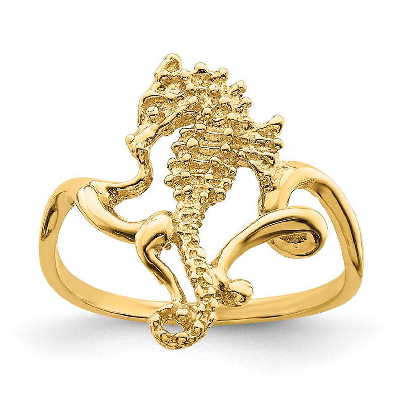14K Gelbgold Poliert / Strukturiert 2-d Seepferdchen Ring (size 7)