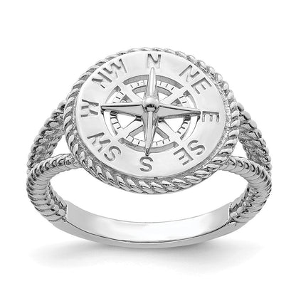 14K Weißgold Ring mit nautischem Kompass und Seilmuster