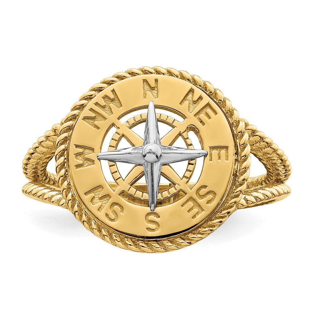 14K Bicolor-Gold Ring mit Mini-Nautikkompass und Seilmotiv