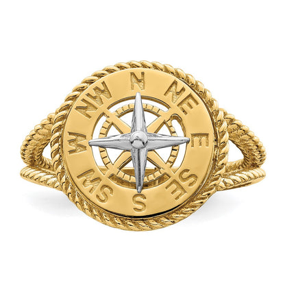 14K Bicolor-Gold Ring mit Mini-Nautikkompass und Seilmotiv