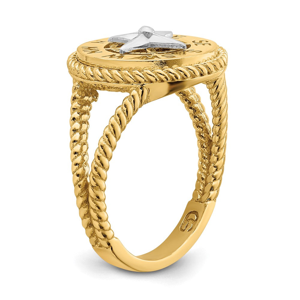 14K Bicolor-Gold Ring mit Mini-Nautikkompass und Seilmotiv
