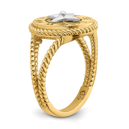14K Bicolor-Gold Ring mit Mini-Nautikkompass und Seilmotiv