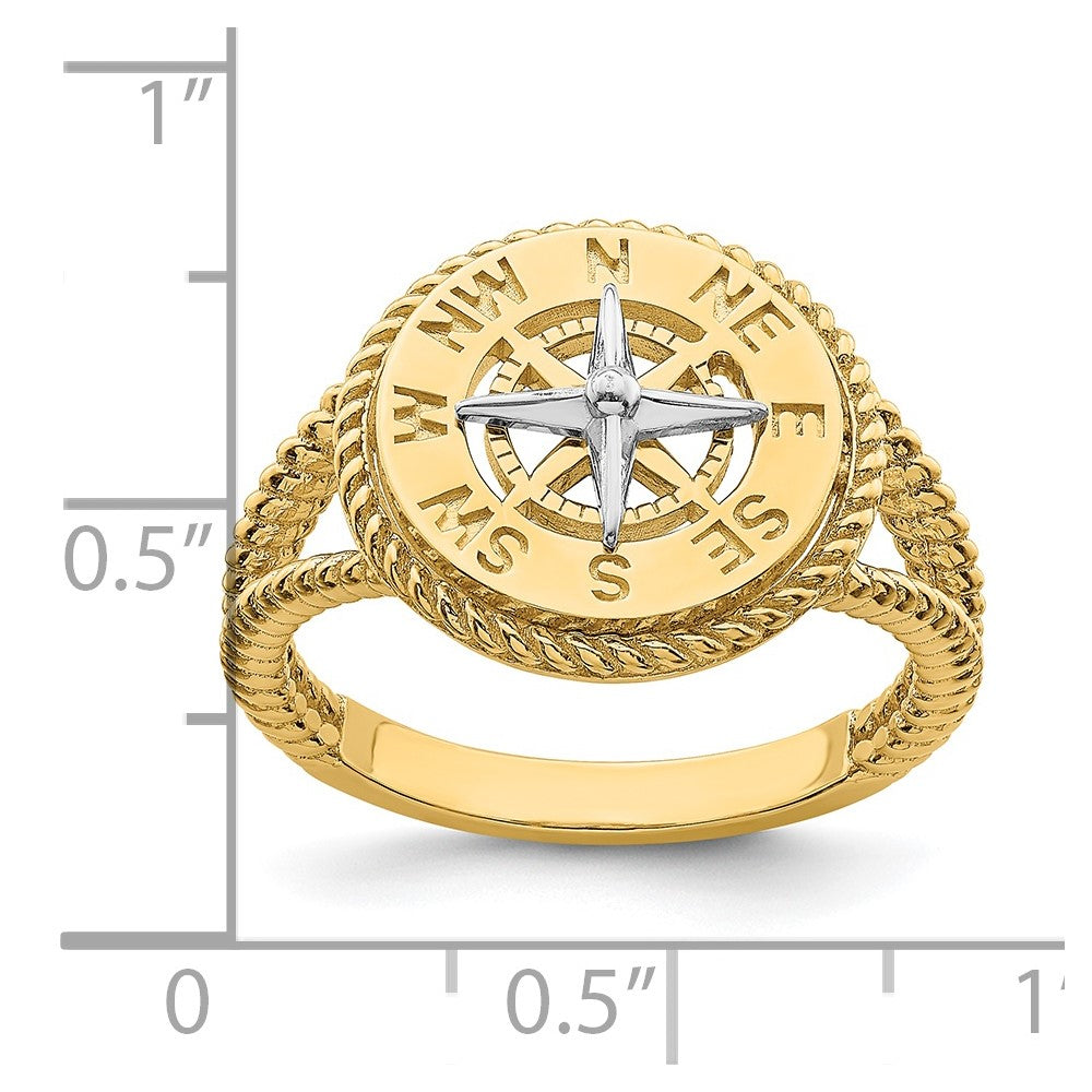14K Bicolor-Gold Ring mit Mini-Nautikkompass und Seilmotiv