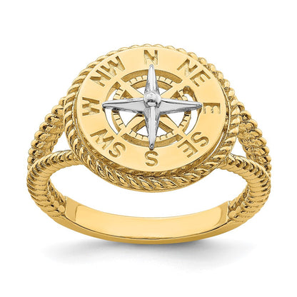 14K Bicolor-Gold Ring mit Mini-Nautikkompass und Seilmotiv