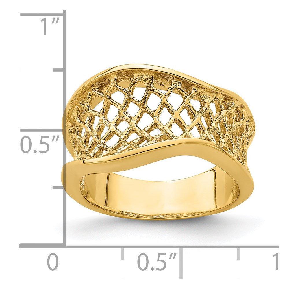 14K Gelbgold Ring mit gewellter, polierter, sich verjüngender Gitterstruktur